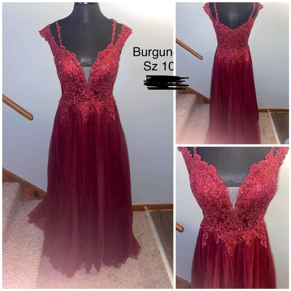 May Queen Burgundy Lace Prom Dress